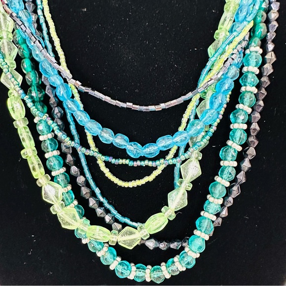 Multi-Strand Beaded Necklace with Glass and Metallic beads Boho Green Blue - Picture 2 of 7